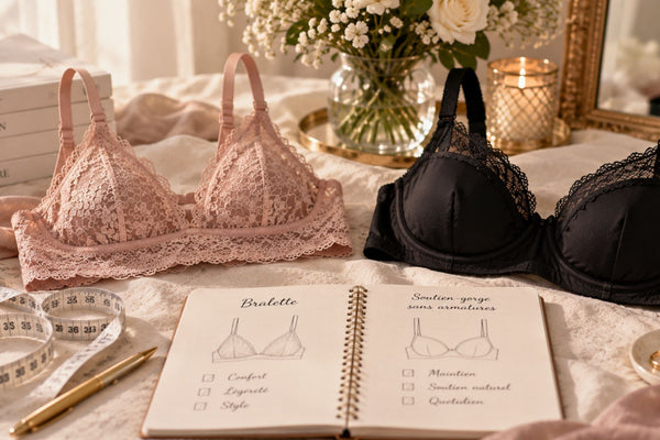 Bralette rose en dentelle et soutien-gorge sans armatures noir comparés sur un lit avec mètre ruban et carnet