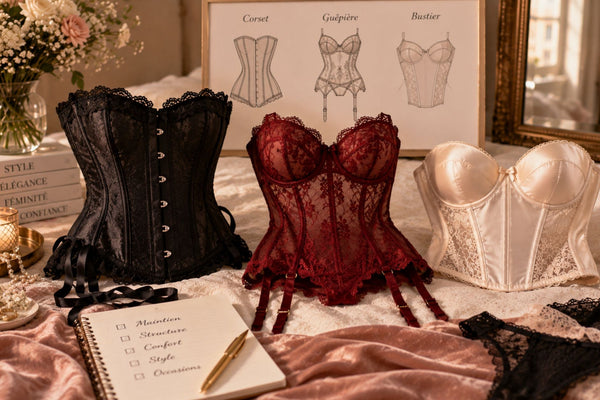 Corset noir, guêpière bordeaux en dentelle et bustier ivoire en satin présentés côte à côte sur un lit élégant