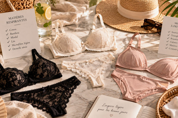 Lingerie légère en dentelle et matières respirantes sur marbre, avec chapeau et accessoires évoquant la chaleur estivale