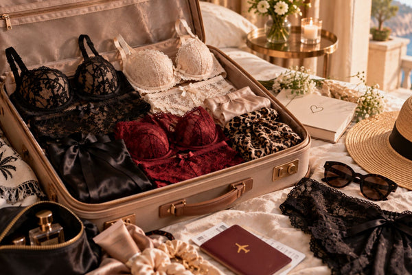 Lingerie de voyage noire, ivoire et bordeaux rangée dans une valise avec chapeau, lunettes et accessoires de vacances