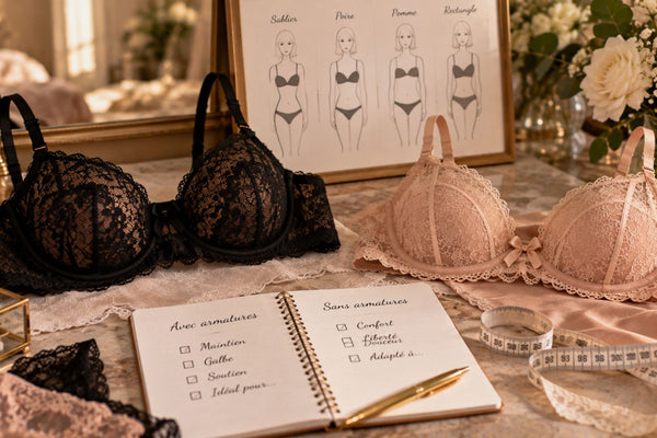 Soutien-gorge à armatures noir et soutien-gorge sans armatures nude posés côte à côte avec un mètre de couturière