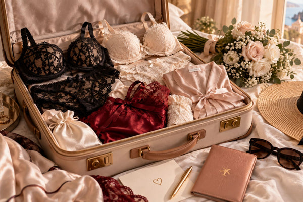 Valise de noces ouverte avec lingerie en dentelle noire, ivoire et bordeaux, satin, fleurs et accessoires de voyage