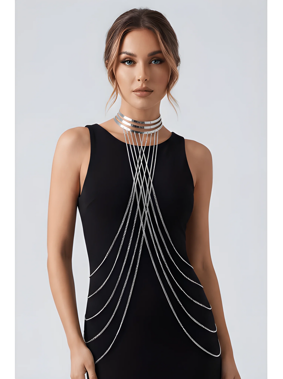 bijou-tour-de-cou-trois-anneaux-avec-chaines-de-corps-argent | Voyage Sensuel