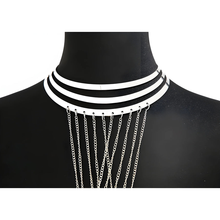 bijou-tour-de-cou-trois-anneaux-avec-chaines-de-corps-argent | Voyage Sensuel