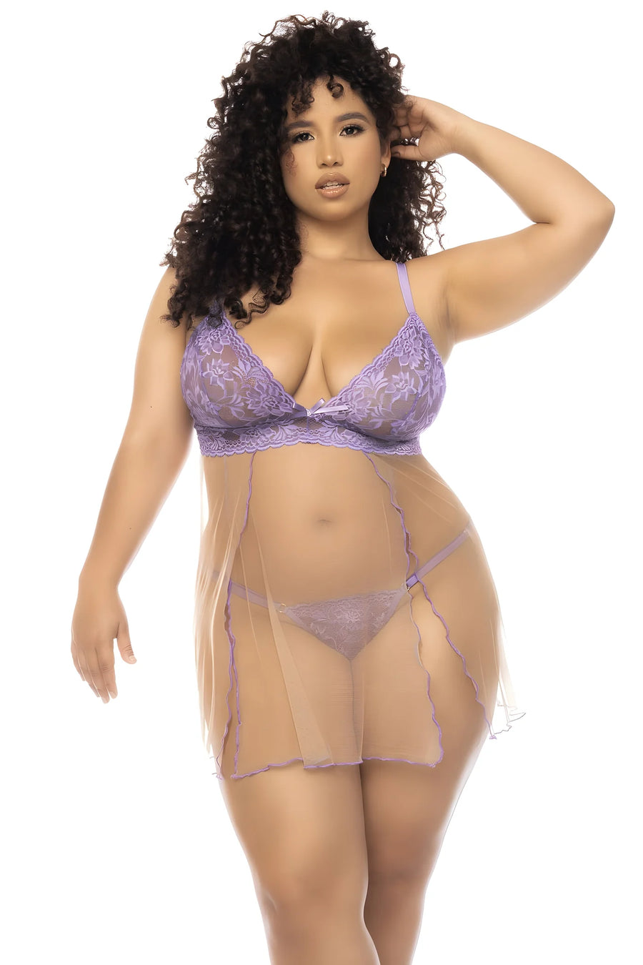 Nuisette grande taille couleur lavande et chair Verona, en dentelle et résille transparente | Voyage Sensuel