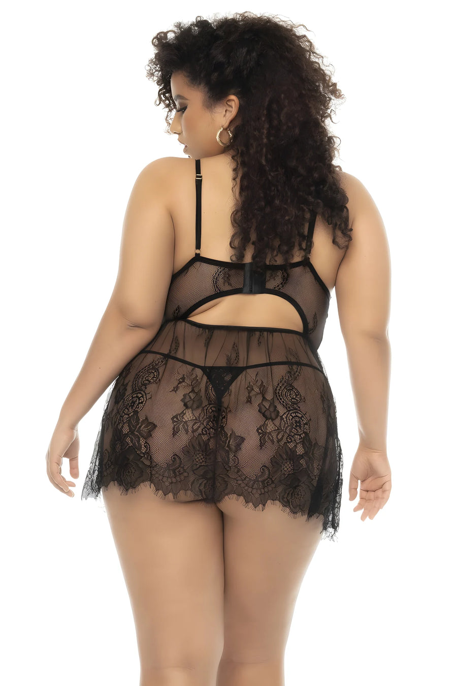 Nuisette noir Selma grande taille, en dentelle, avec armatures et string assorti inclus | Voyage Sensuel