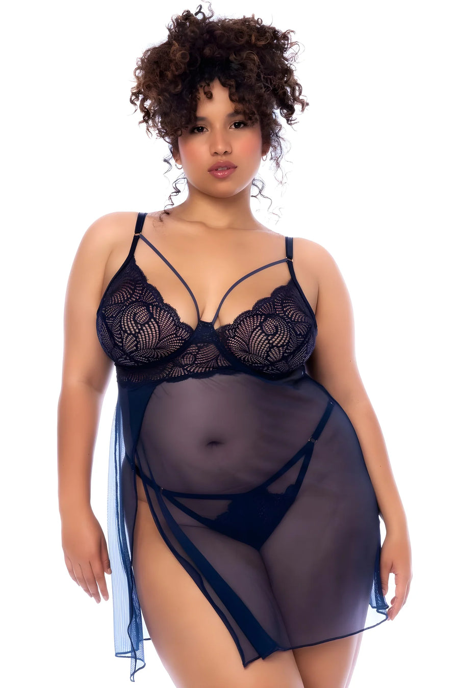 Nuisette grande taille bleu nuit et string | Voyage Sensuel