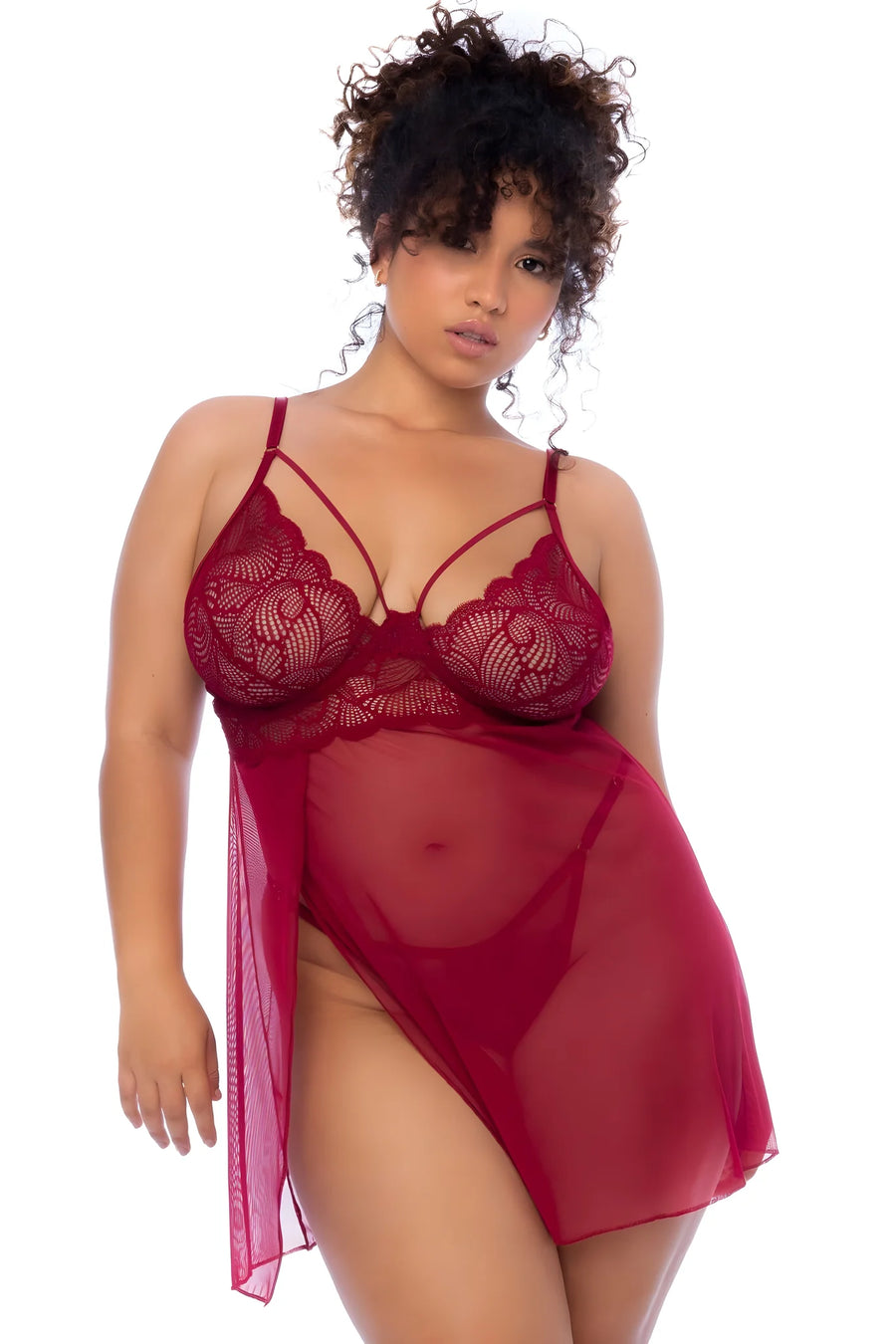 Nuisette grande taille couleur framboise et string | Voyage Sensuel
