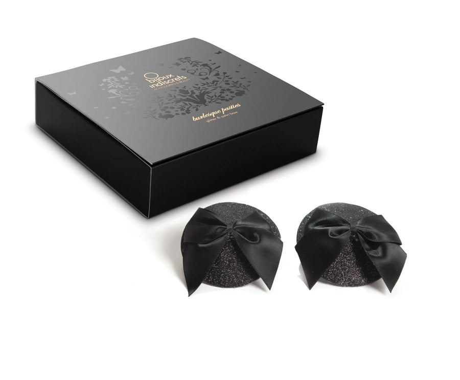 cache-tetons-burlesque-noeud-et-paillettes-noir | Voyage Sensuel