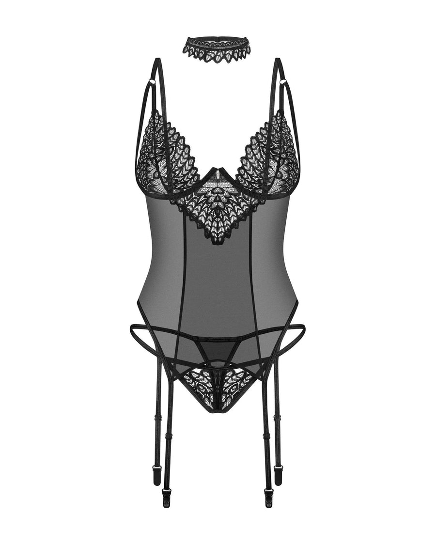 donarella-corset-et-string-noir-np | Voyage Sensuel