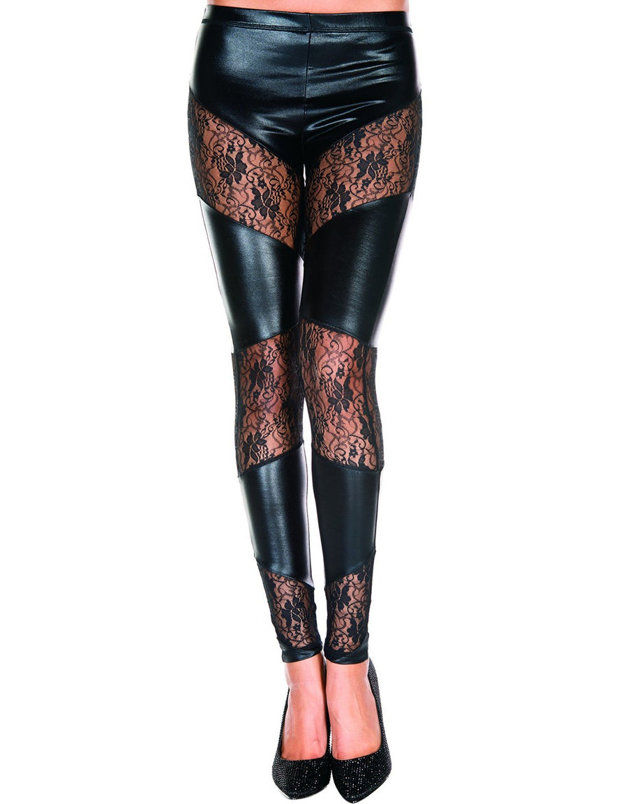 Legging noir wetlook avec bandes de dentelle florale – Music Legs | Voyage Sensuel