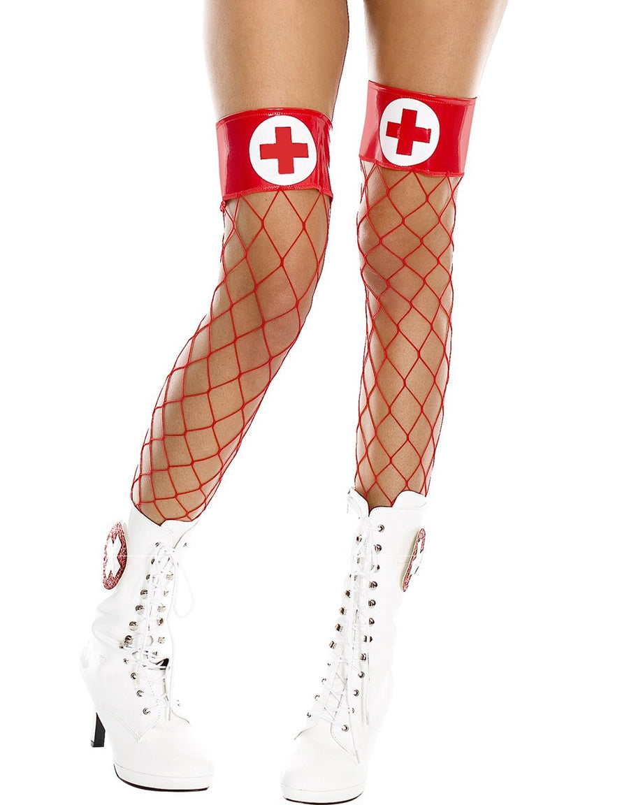 Bas filet rouges jarretières brillantes et croix infirmière – Music Legs | Voyage Sensuel