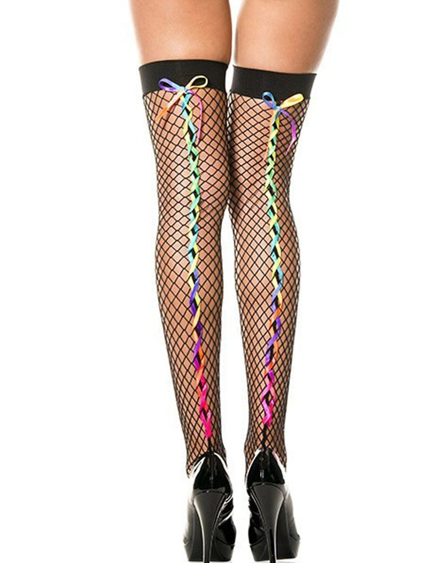 Bas noirs résille filet avec rubans colorés arc en ciel – Music Legs | Voyage Sensuel