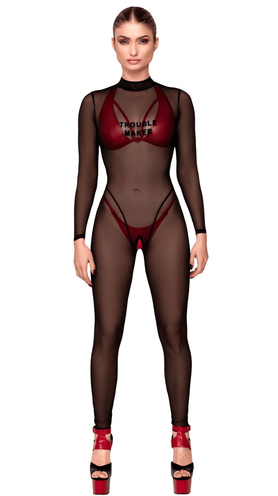 Catsuit ouvert en tulle floqué – Noir – Noir Handmade – vue 4 | Voyage Sensuel