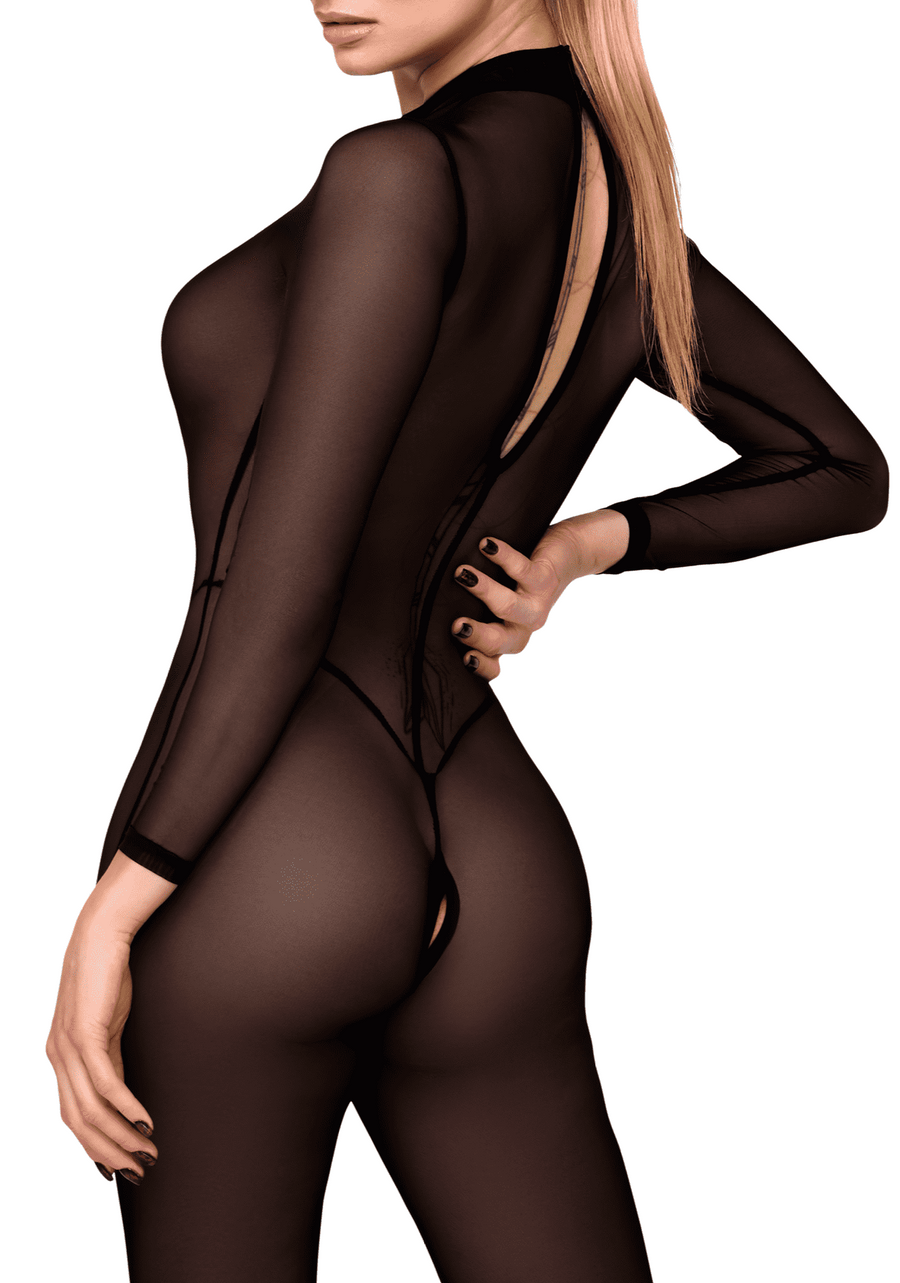 Catsuit ouvert en tulle floqué – Noir – Noir Handmade – vue 6 | Voyage Sensuel
