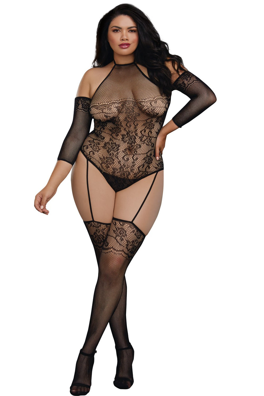 Bodystocking grande taille résille effet bas jarretelles – Dreamgirl | Voyage Sensuel