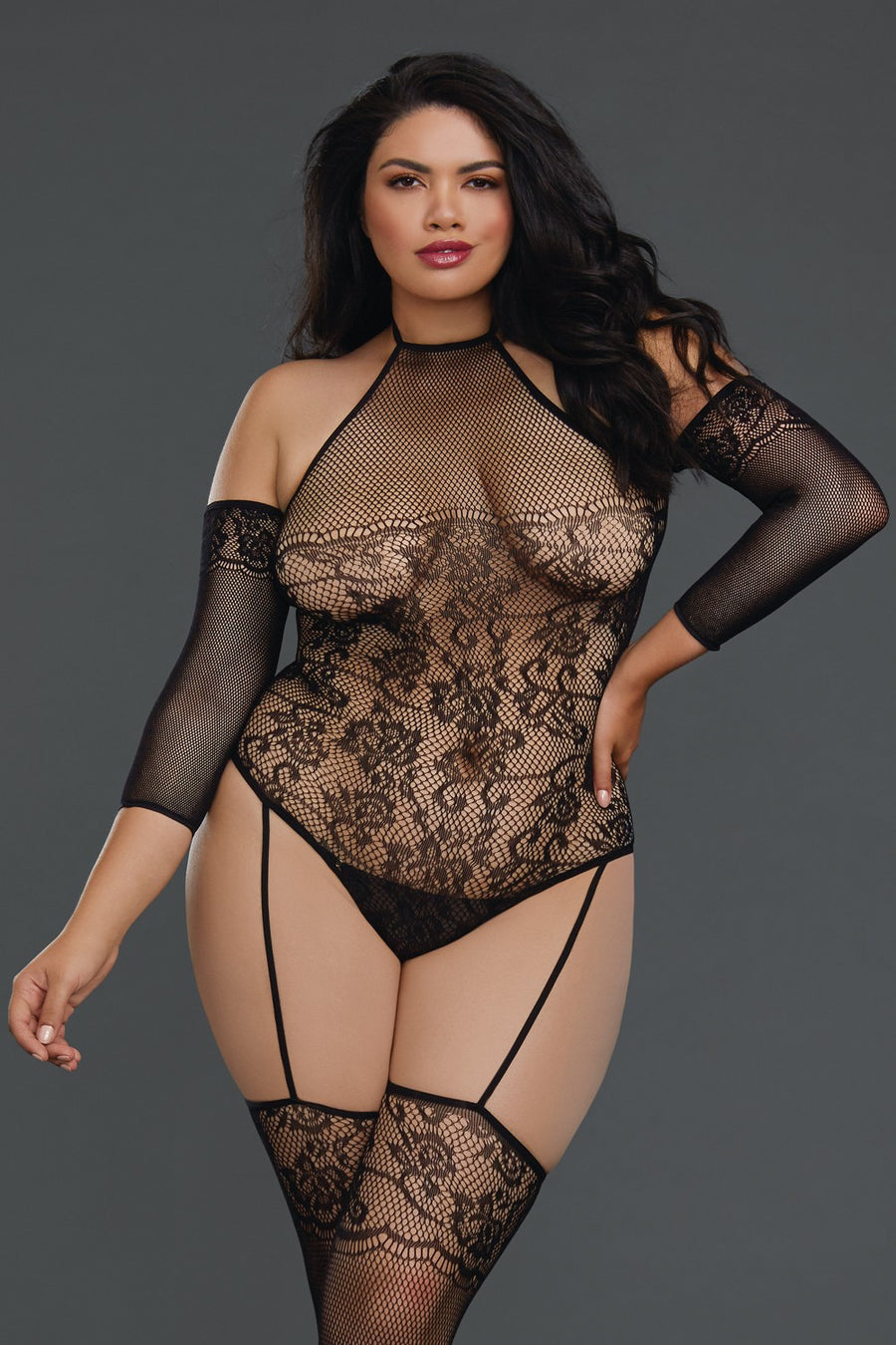 Bodystocking grande taille résille effet bas jarretelles – Dreamgirl | Voyage Sensuel