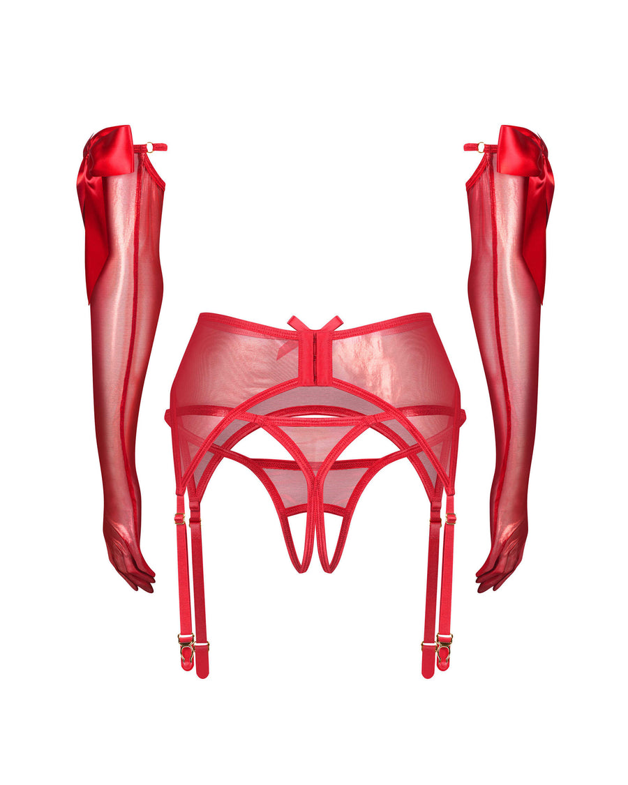 Ensemble porte-jarretelles, string ouvert et gants – Rouge – Gifty Red – Obsessive – vue 6 | Voyage Sensuel
