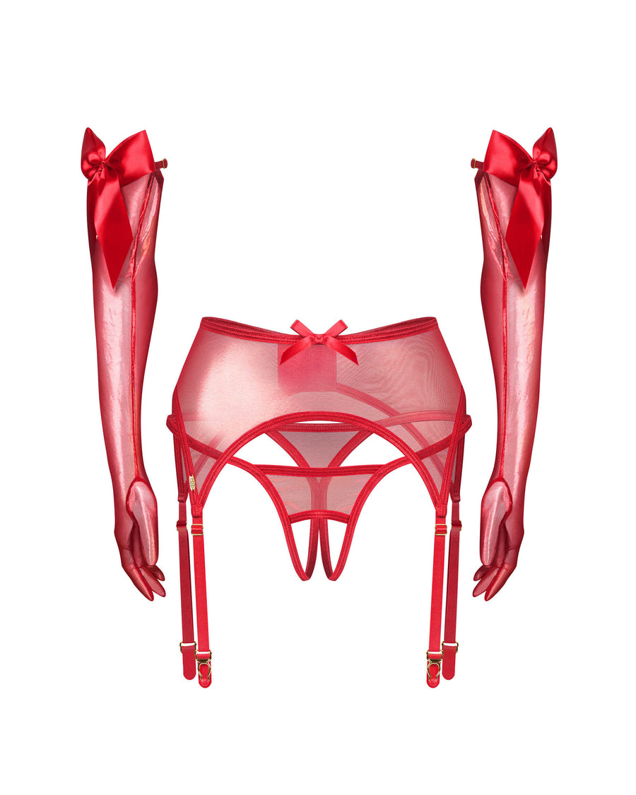 Ensemble porte-jarretelles, string ouvert et gants – Rouge – Gifty Red – Obsessive – vue 5 | Voyage Sensuel
