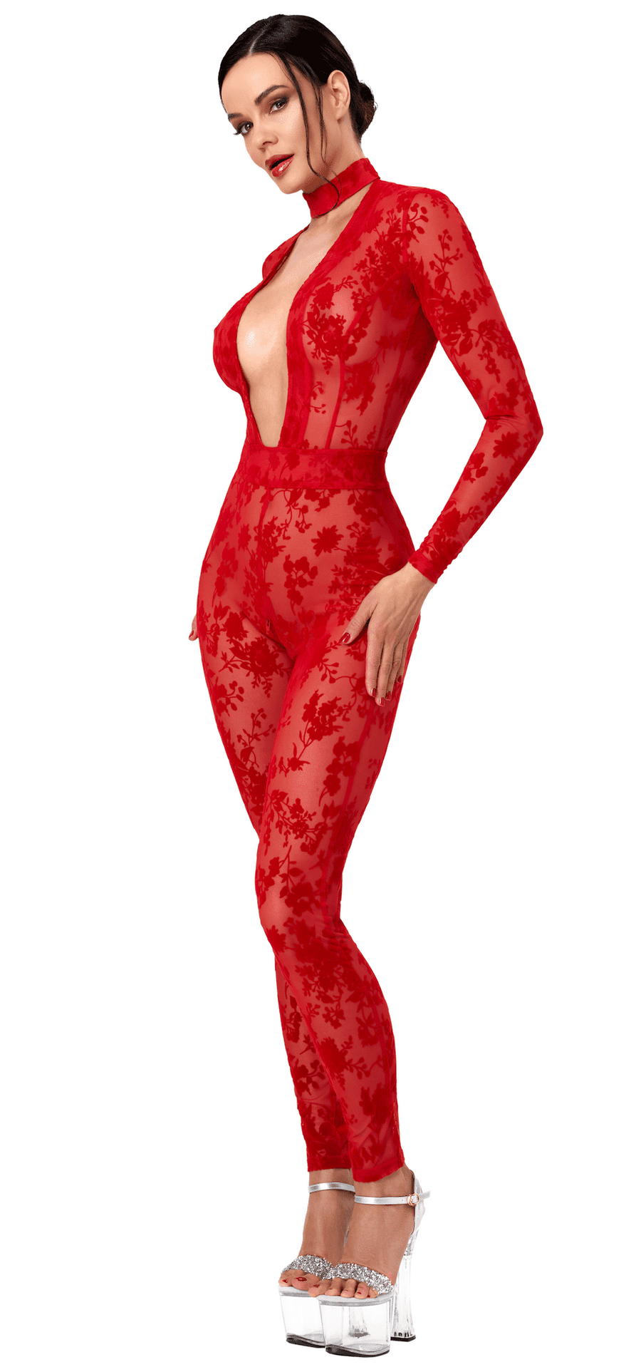 Catsuit rouge à décolleté plongeant Lovebite – Noir Handmade – vue 3 | Voyage Sensuel