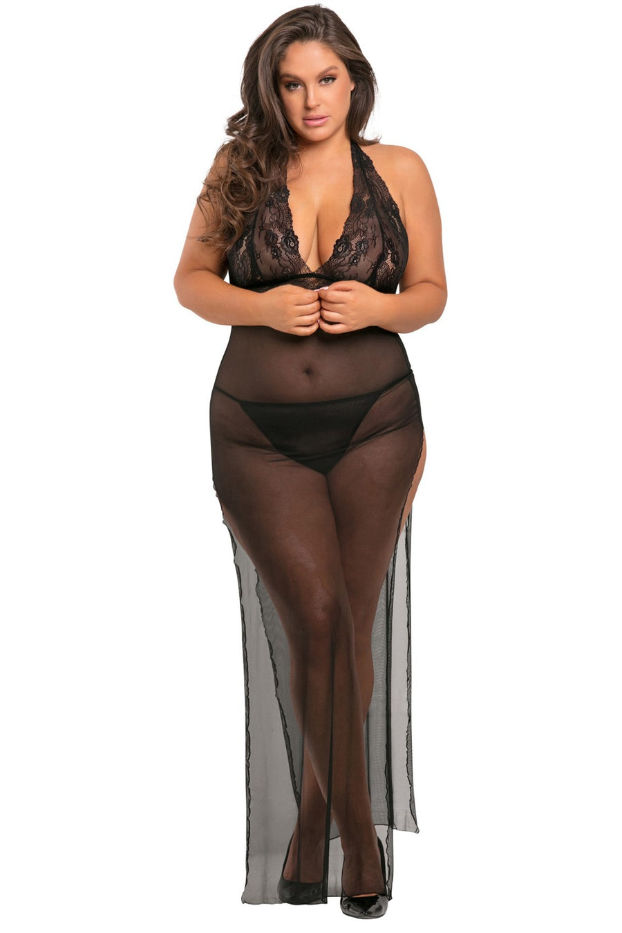 Nuisette longue grande taille fendue transparente – René Rofé | Voyage Sensuel