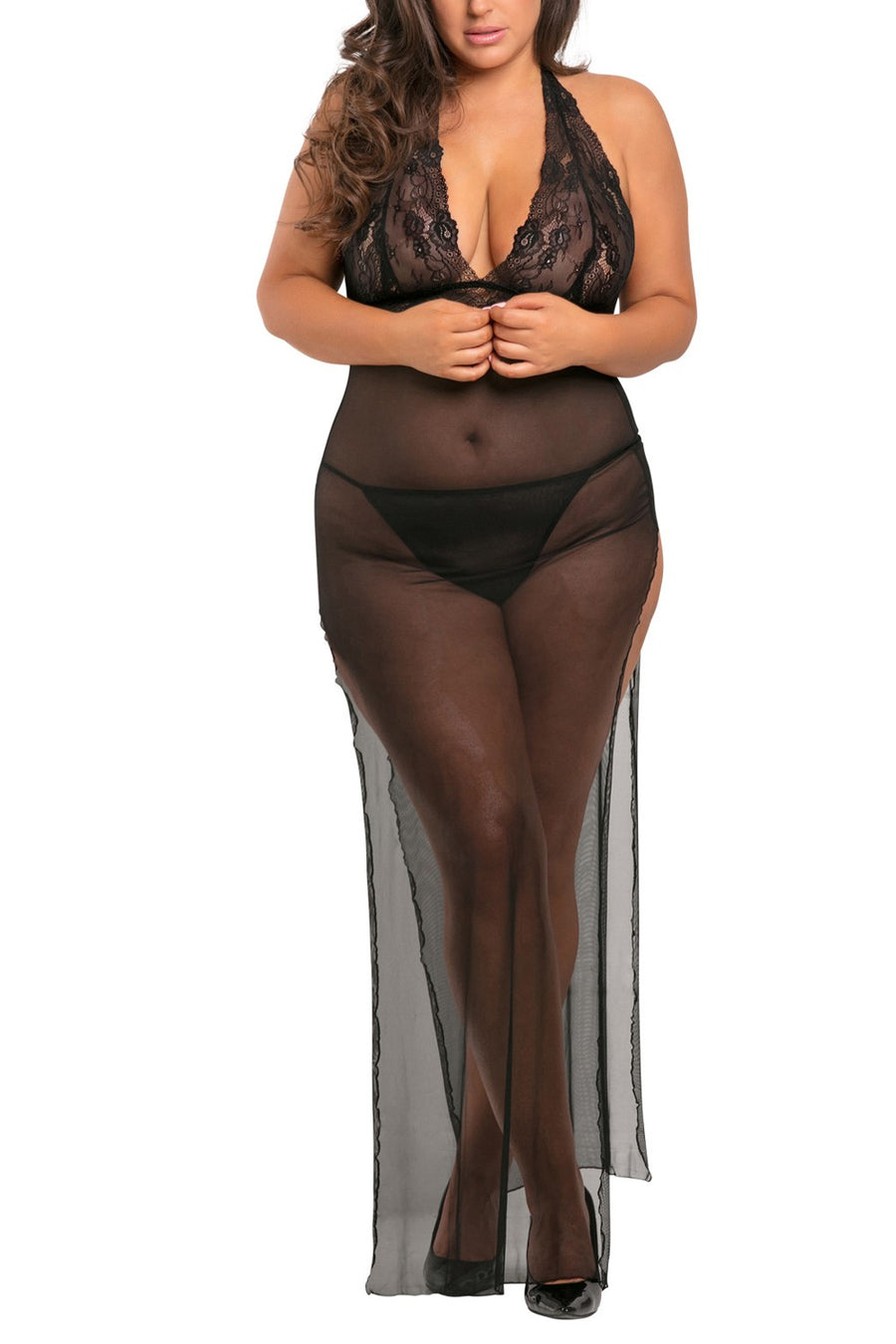 Nuisette longue grande taille fendue transparente – René Rofé | Voyage Sensuel