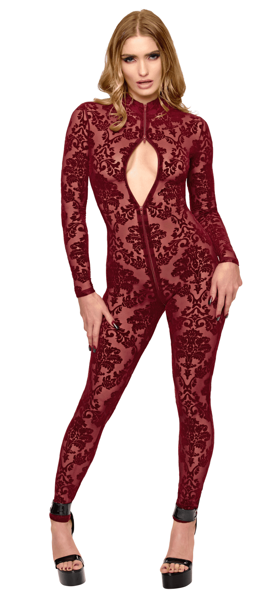 Catsuit bordeaux à zip trois voies Masquerade – Noir Handmade – vue 1 | Voyage Sensuel