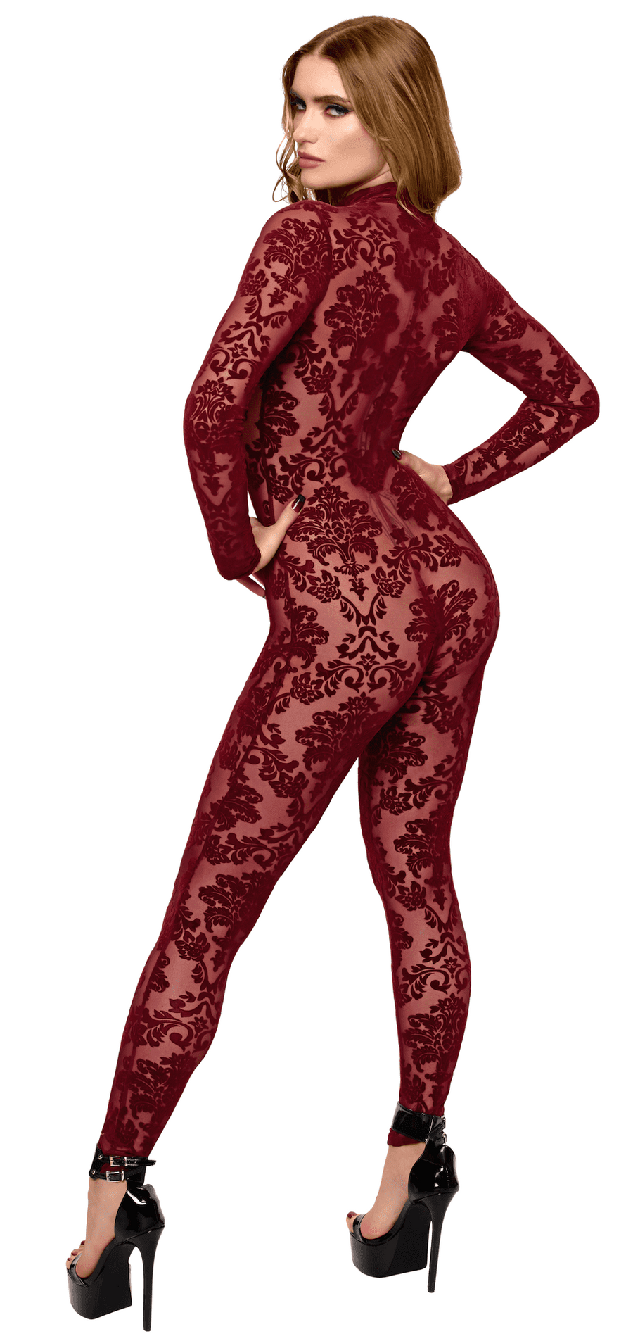 Catsuit bordeaux à zip trois voies Masquerade – Noir Handmade – vue 2 | Voyage Sensuel