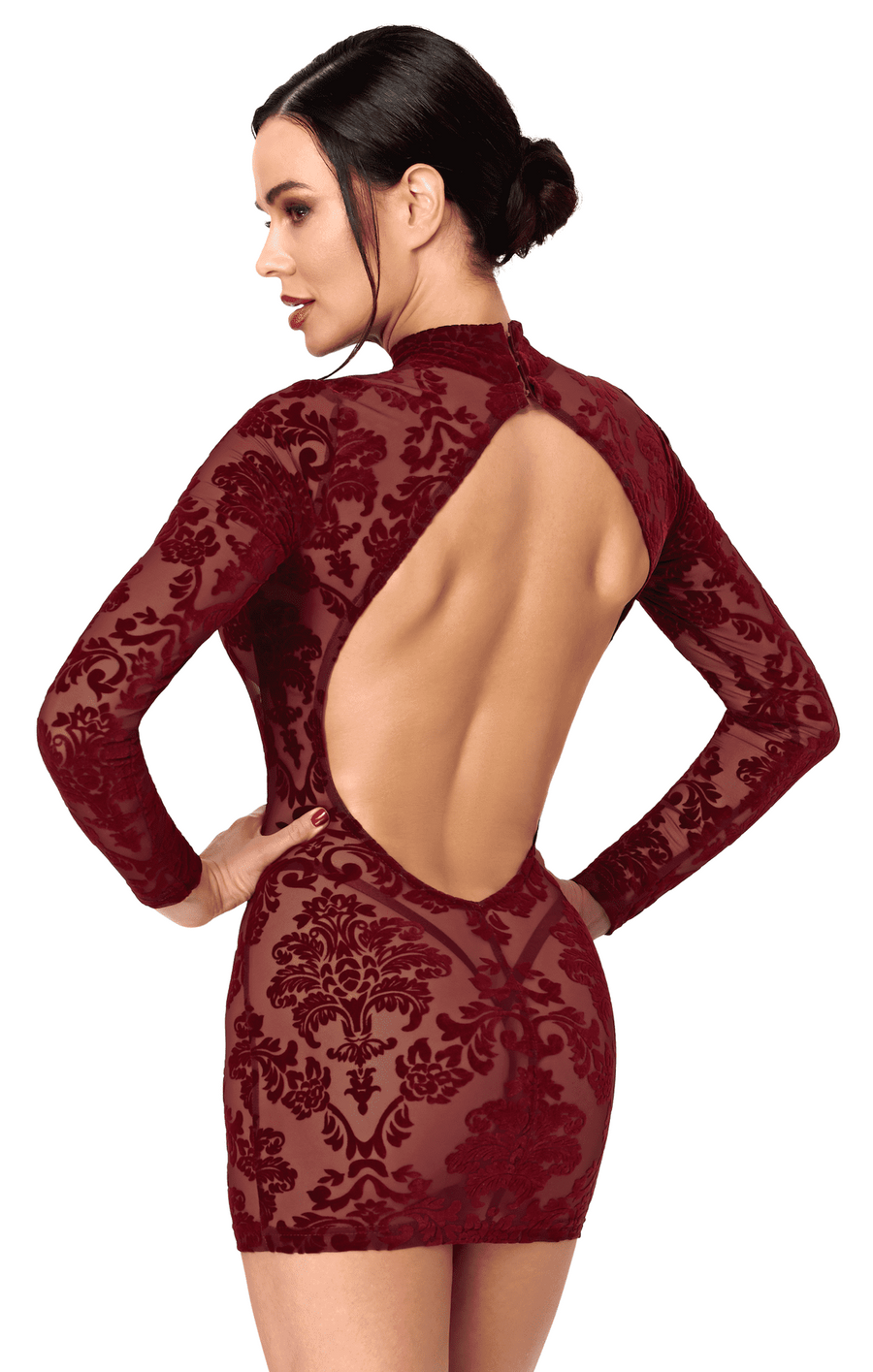 Mini-robe bordeaux à dos nu Masquerade – Noir Handmade – vue 2 | Voyage Sensuel
