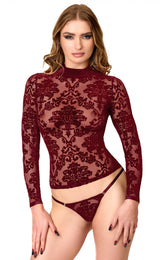 Top bordeaux en tulle floqué à manches longues Masquerade – Noir Handmade – vue 1