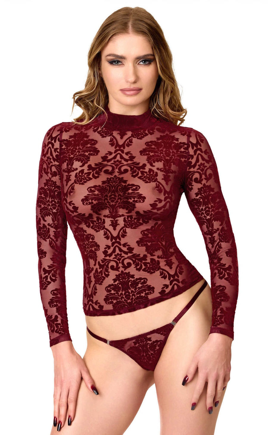 Top bordeaux en tulle floqué à manches longues Masquerade – Noir Handmade – vue 1 | Voyage Sensuel