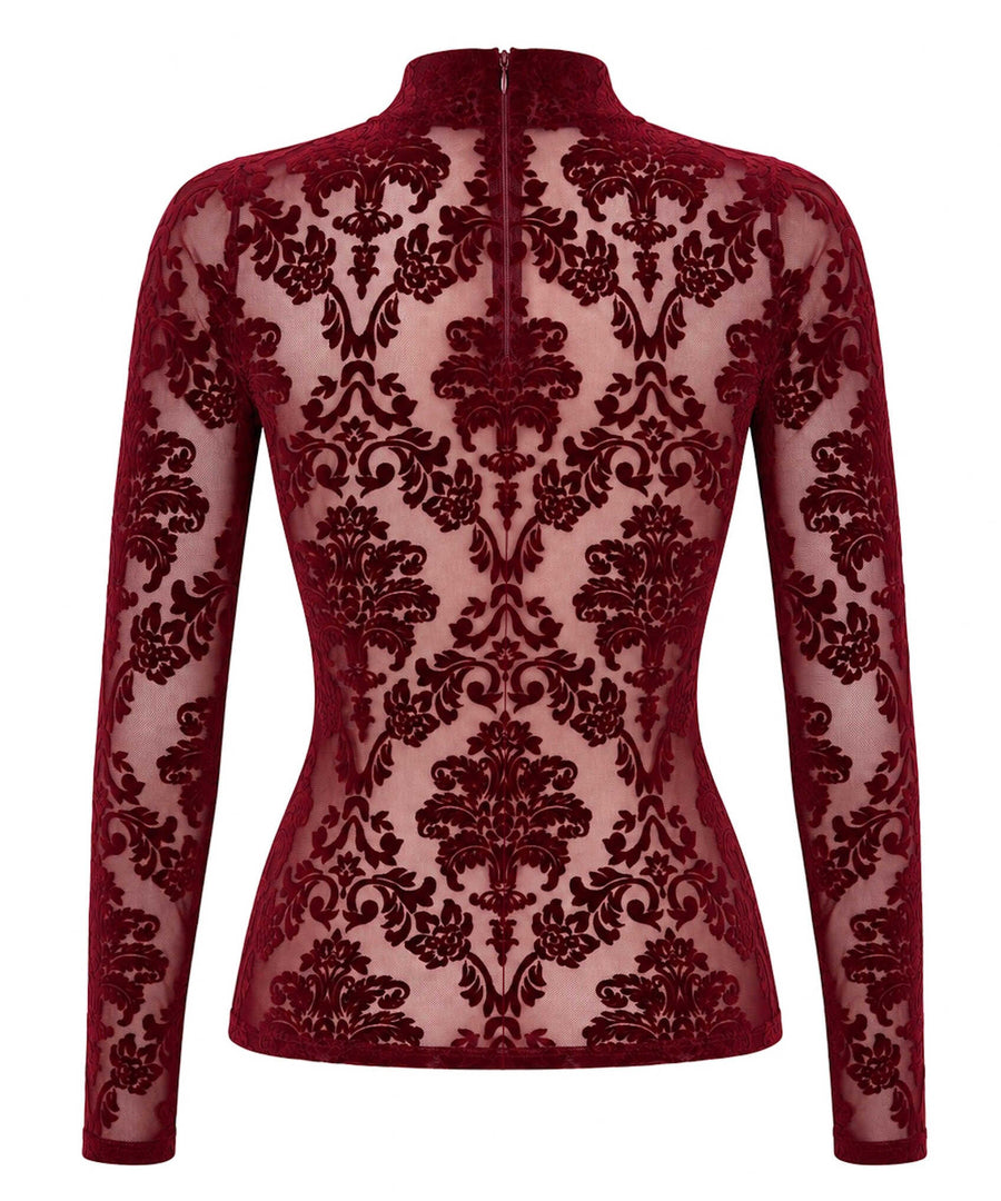 Top bordeaux en tulle floqué à manches longues Masquerade – Noir Handmade – vue 5 | Voyage Sensuel