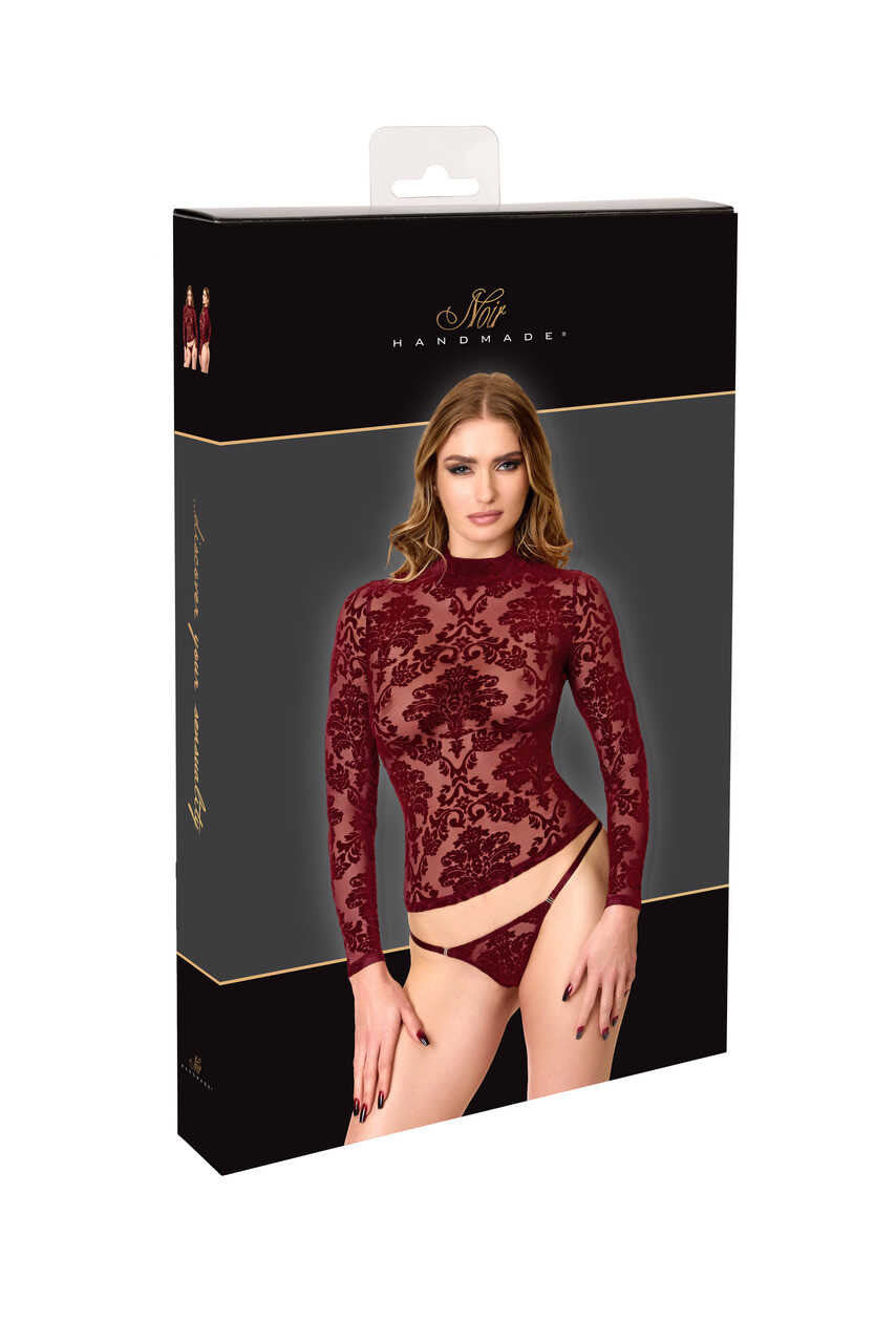 Top bordeaux en tulle floqué à manches longues Masquerade – Noir Handmade – vue 6 | Voyage Sensuel