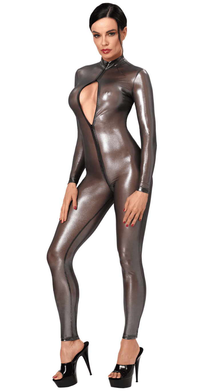 Catsuit argenté à zip trois voies Moondust – Noir Handmade – vue 4 | Voyage Sensuel
