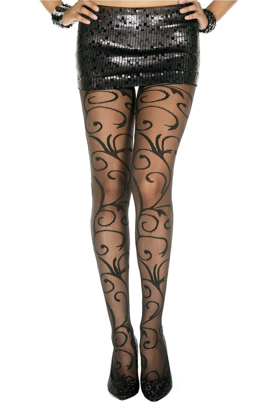 Collant fantaisie noir nylon avec fioritures – Music Legs | Voyage Sensuel