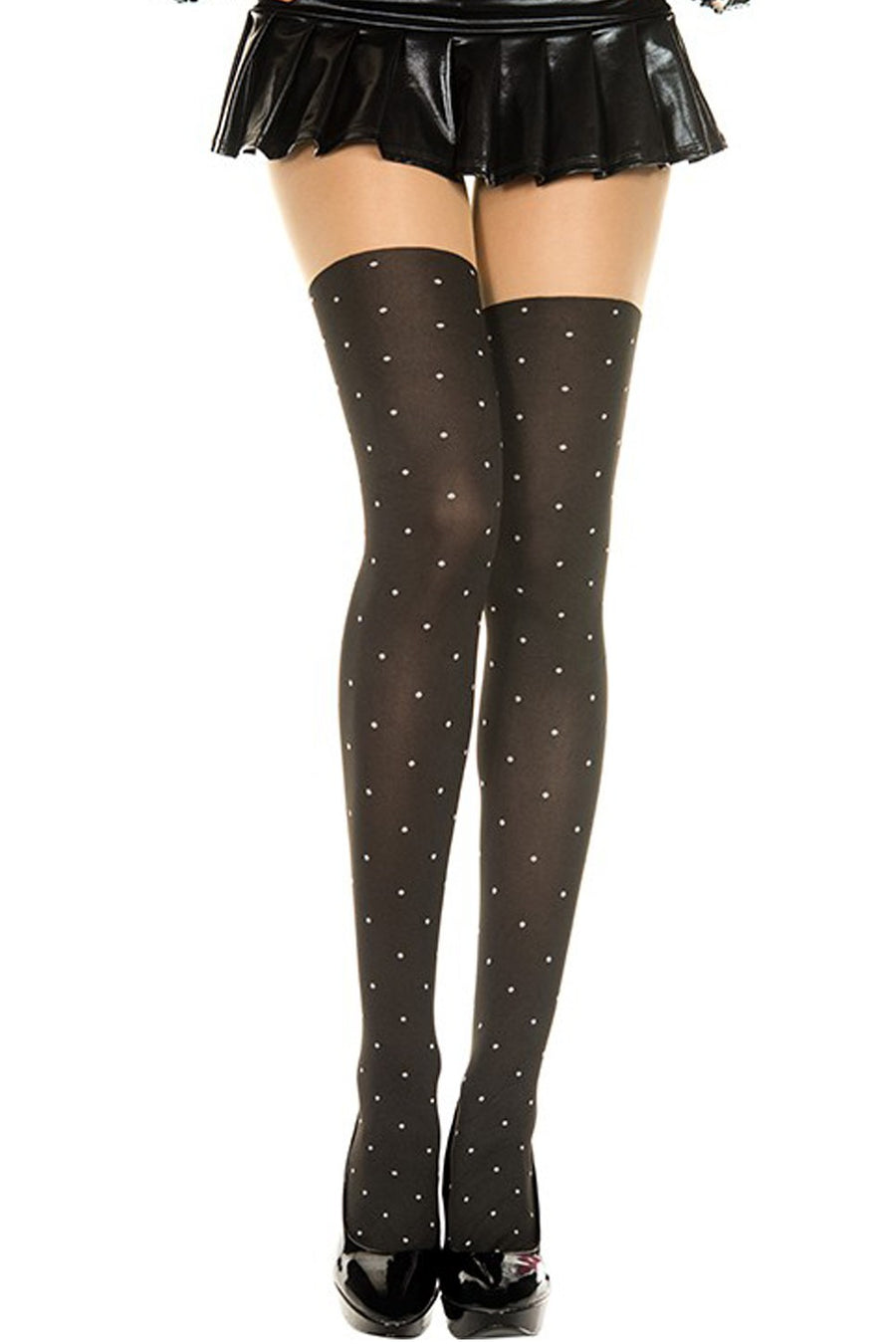 Collant fantaisie effet bas à pois blancs – Music Legs | Voyage Sensuel