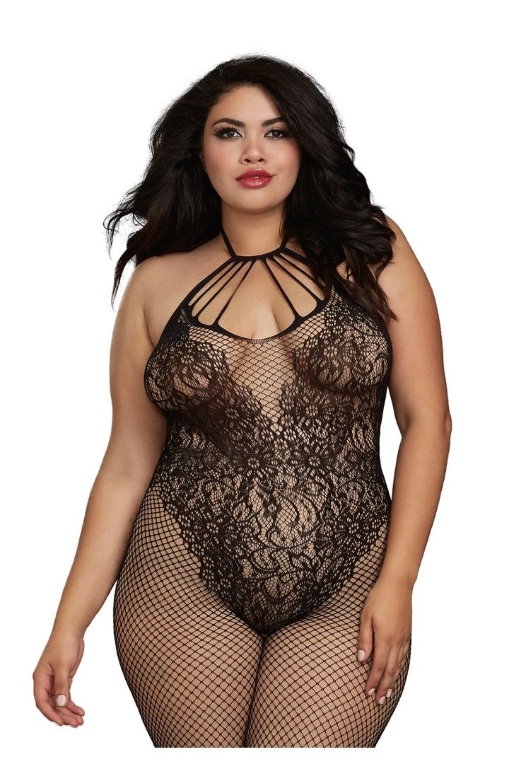 Bodystocking Grande taille résille dans un style Body avec magnifique décolleté à lanières – Dreamgirl | Voyage Sensuel