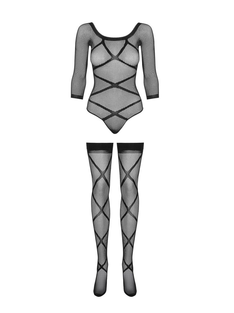 Romy - Bodystocking résille ouvert col V noir | Voyage Sensuel