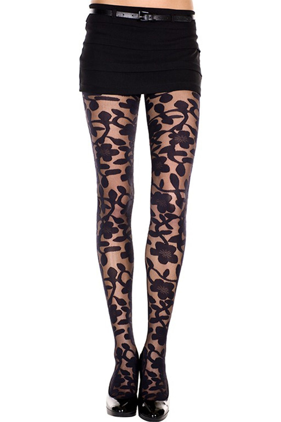 Collant noir imprimé floral – Music Legs | Voyage Sensuel