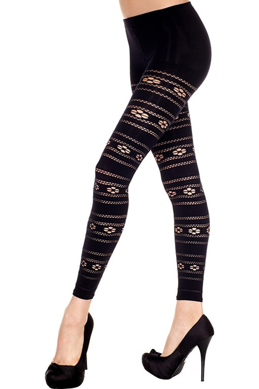 Legging fin voile noir motif floral – Music Legs | Voyage Sensuel