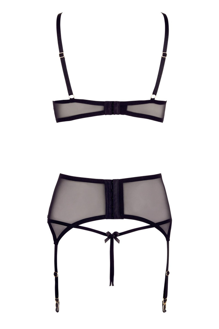 Soutien-gorge dentelle, porte-jarretelles et string ouvert noir – Cotelli Lingerie | Voyage Sensuel