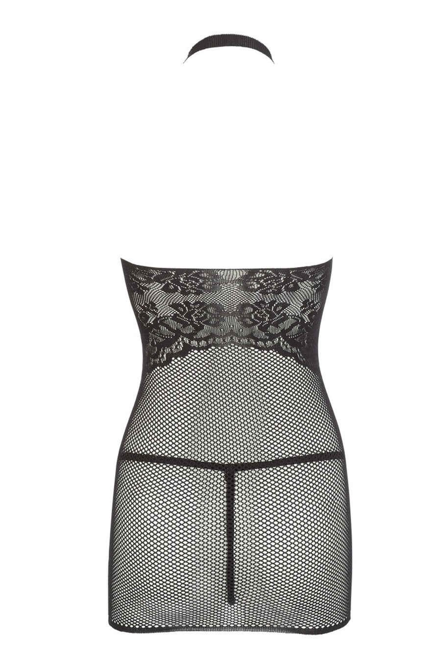 Petite robe en résille noire, sans couture, avec dentelle sur la poitrine. String assorti – Cotelli Lingerie | Voyage Sensuel