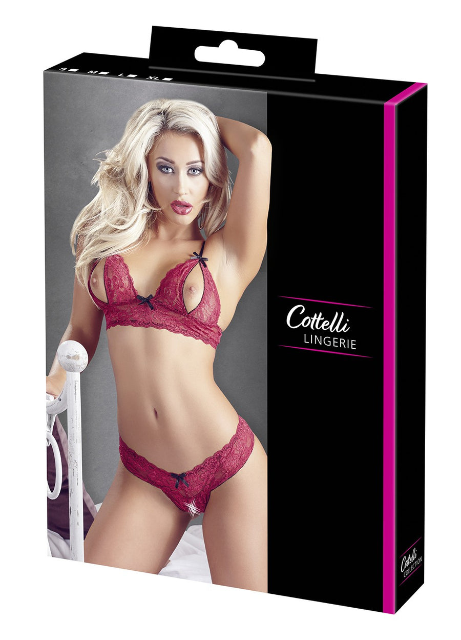 Soutien-gorge, bonnets ouverts, en dentelle rouge et string assorti – Cotelli Lingerie | Voyage Sensuel