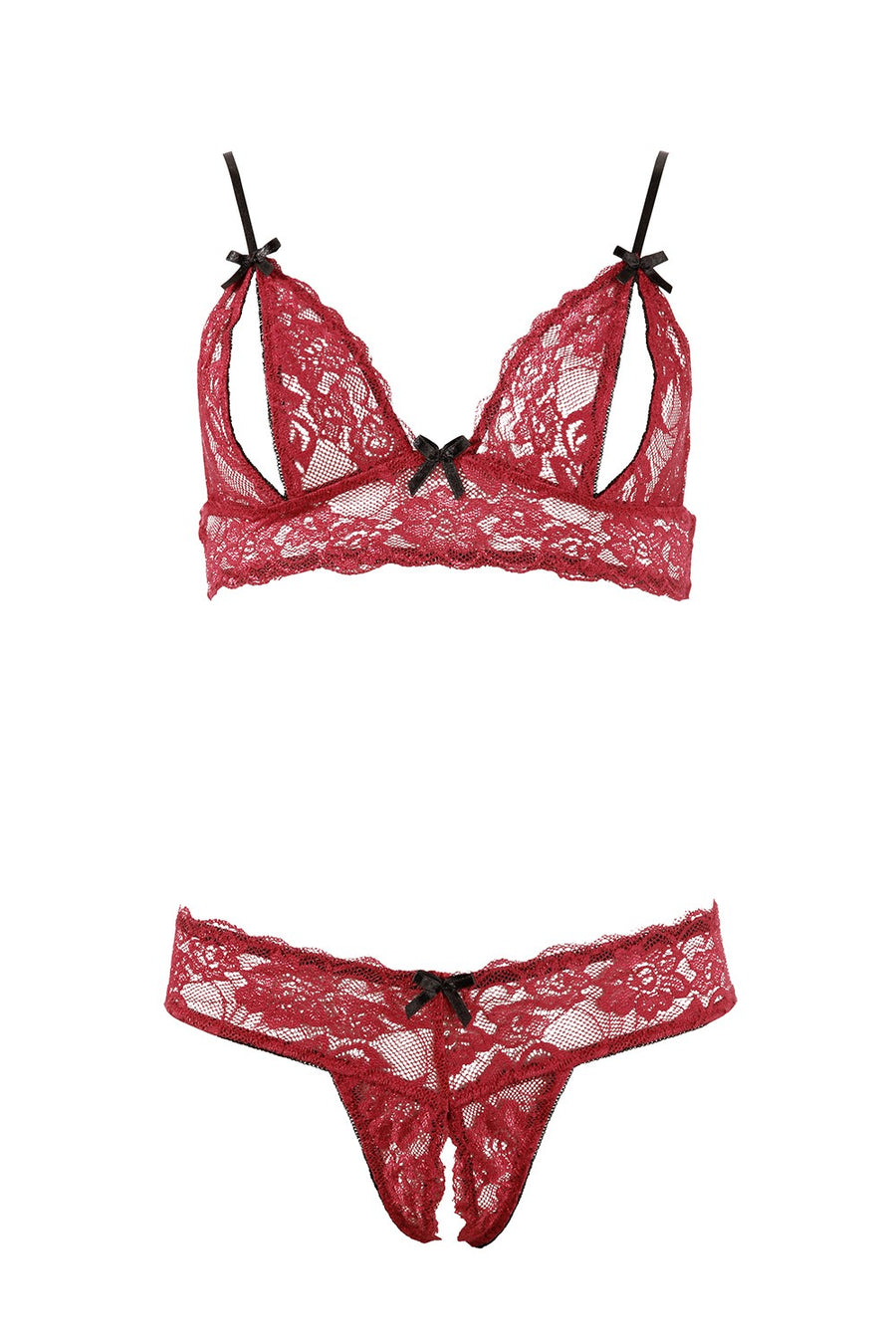 Soutien-gorge, bonnets ouverts, en dentelle rouge et string assorti – Cotelli Lingerie | Voyage Sensuel