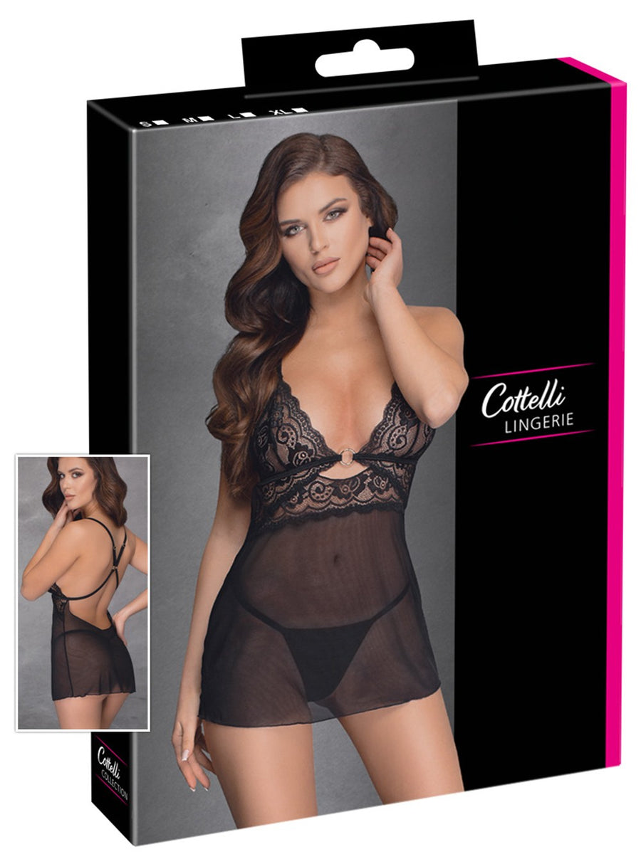 Nuisette noire en dentelle et résille transparente avec string – Cotelli Lingerie | Voyage Sensuel