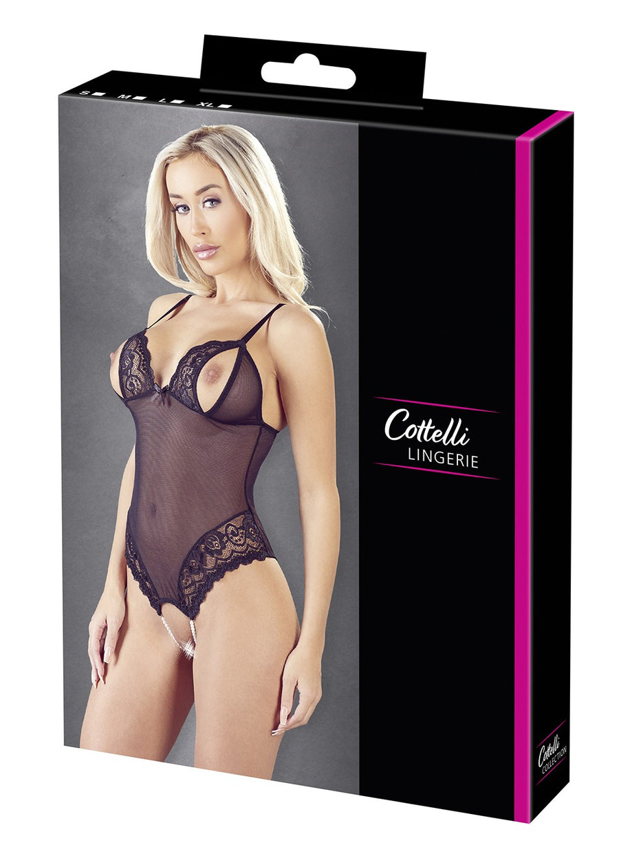 Body string en dentelle et résille noire avec perles à l'entrejambe – Cotelli Lingerie | Voyage Sensuel