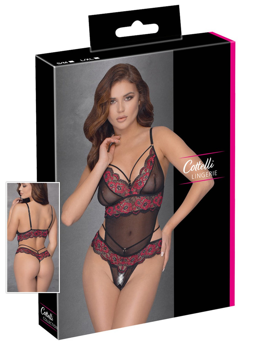 Body string en dentelle florale bicolore et résille – Cotelli Lingerie | Voyage Sensuel