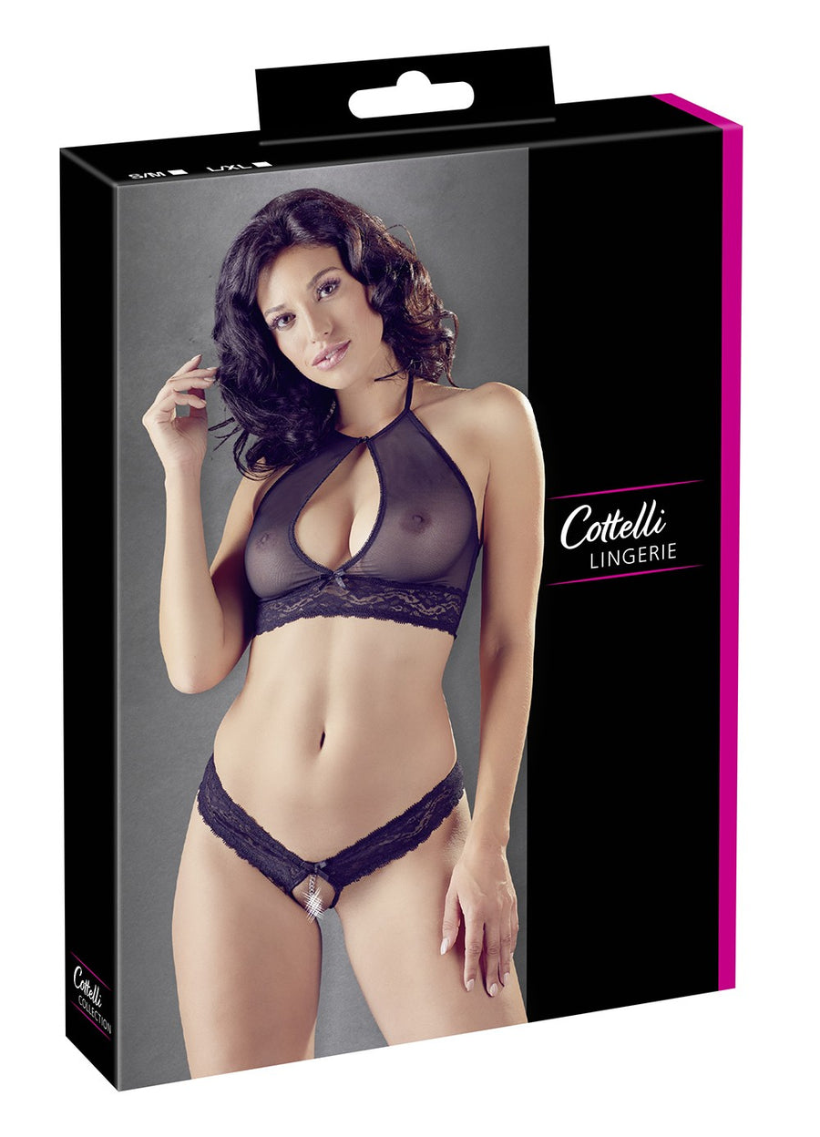Soutien-gorge bandeau, en dentelle et résille noire et string ouvert – Cotelli Lingerie | Voyage Sensuel