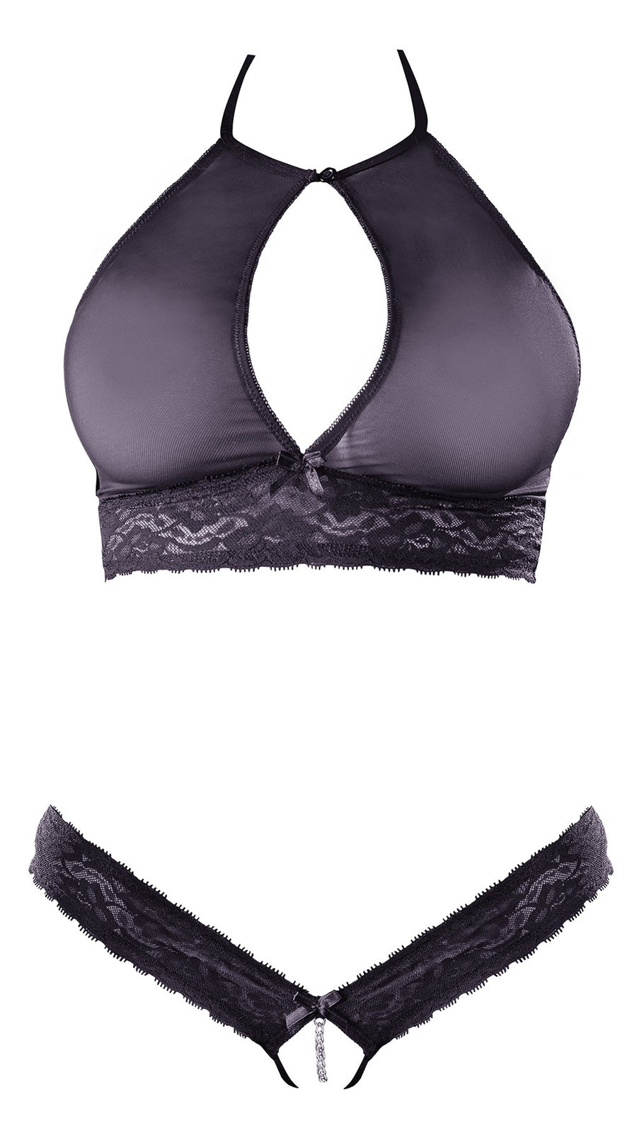 Soutien-gorge bandeau, en dentelle et résille noire et string ouvert – Cotelli Lingerie | Voyage Sensuel
