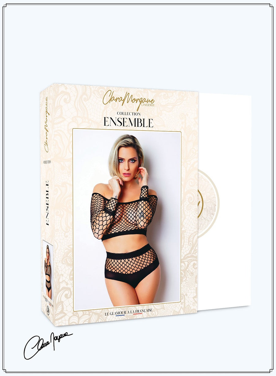 Ensemble 2 pièces résille grosse maille - Le Numéro 1 - Collection Ensemble – Clara Morgane | Voyage Sensuel